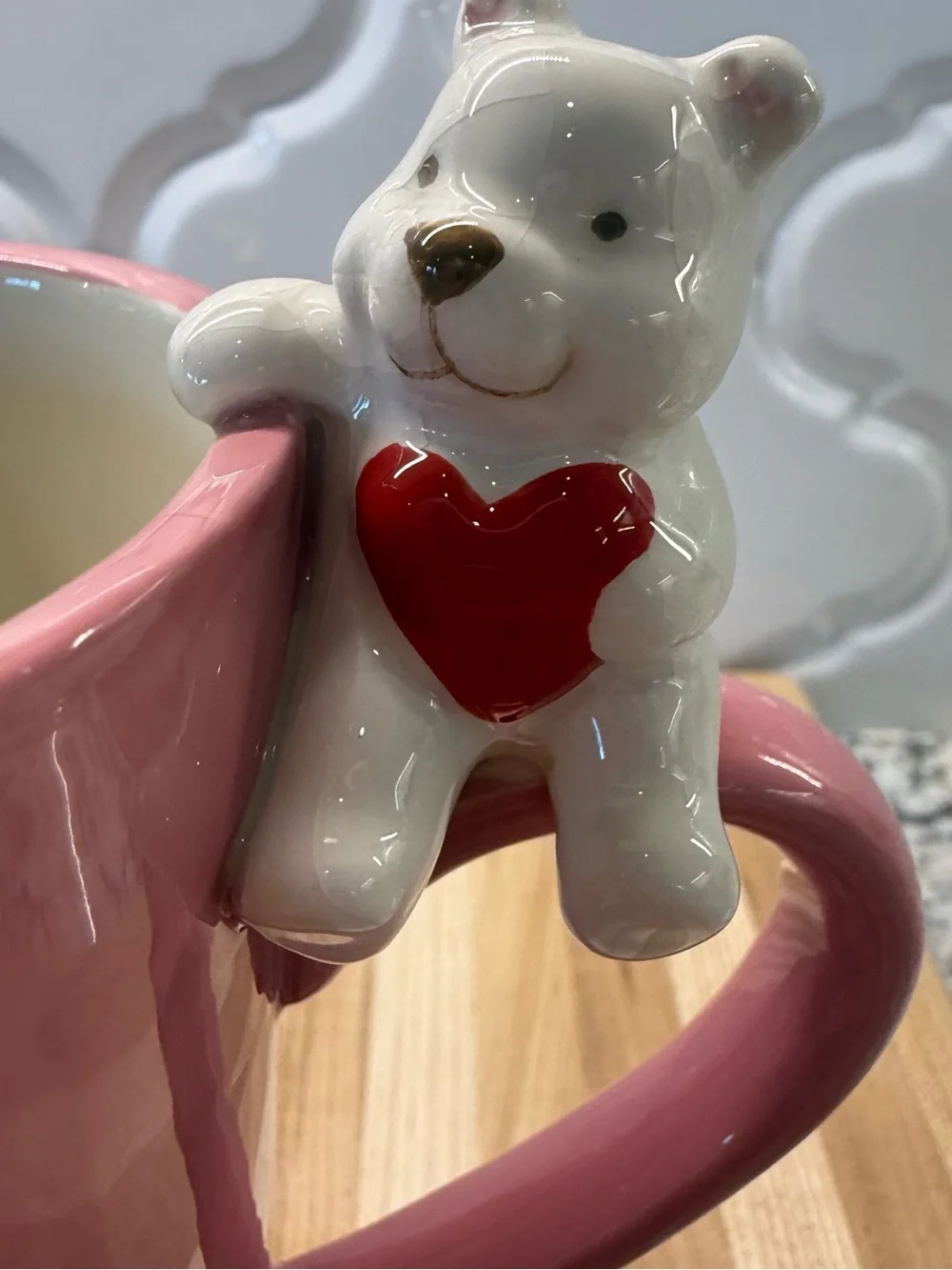 Valentine's Pink Ceramic Heart Mug with White Bear Handle 16oz